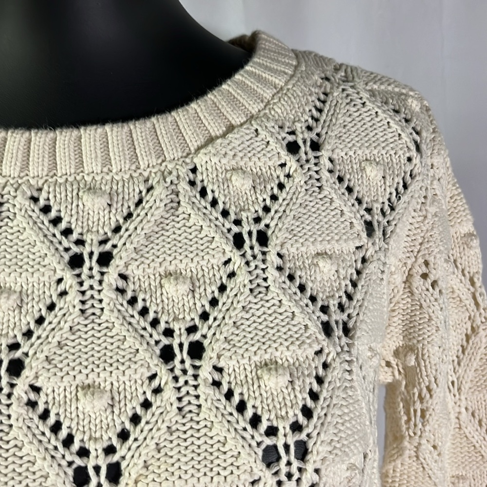 Tommy Hilfiger Cream Chunky Loose Pom Pom Knit Long Sleeve Cotton Sweater - Picture 6 of 16